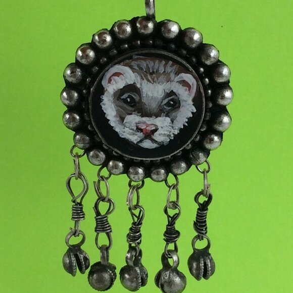 Handpainted Ferret Pendant Silvertone Metal Long Pet Artisan Danglers Polecat - Picture 1 of 11